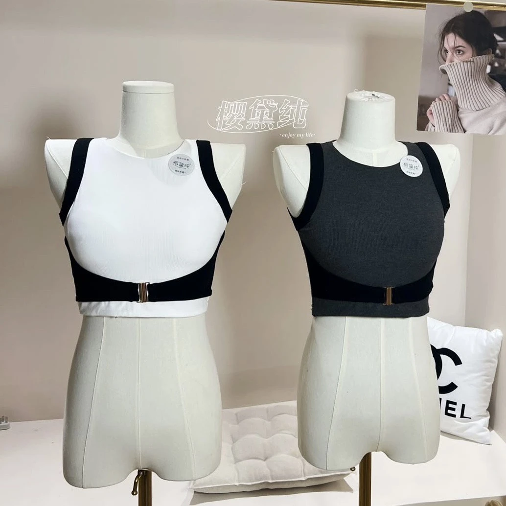 辣妹假两件吊带背心女带胸垫内搭外穿纯欲性感短款抹胸上衣拼接