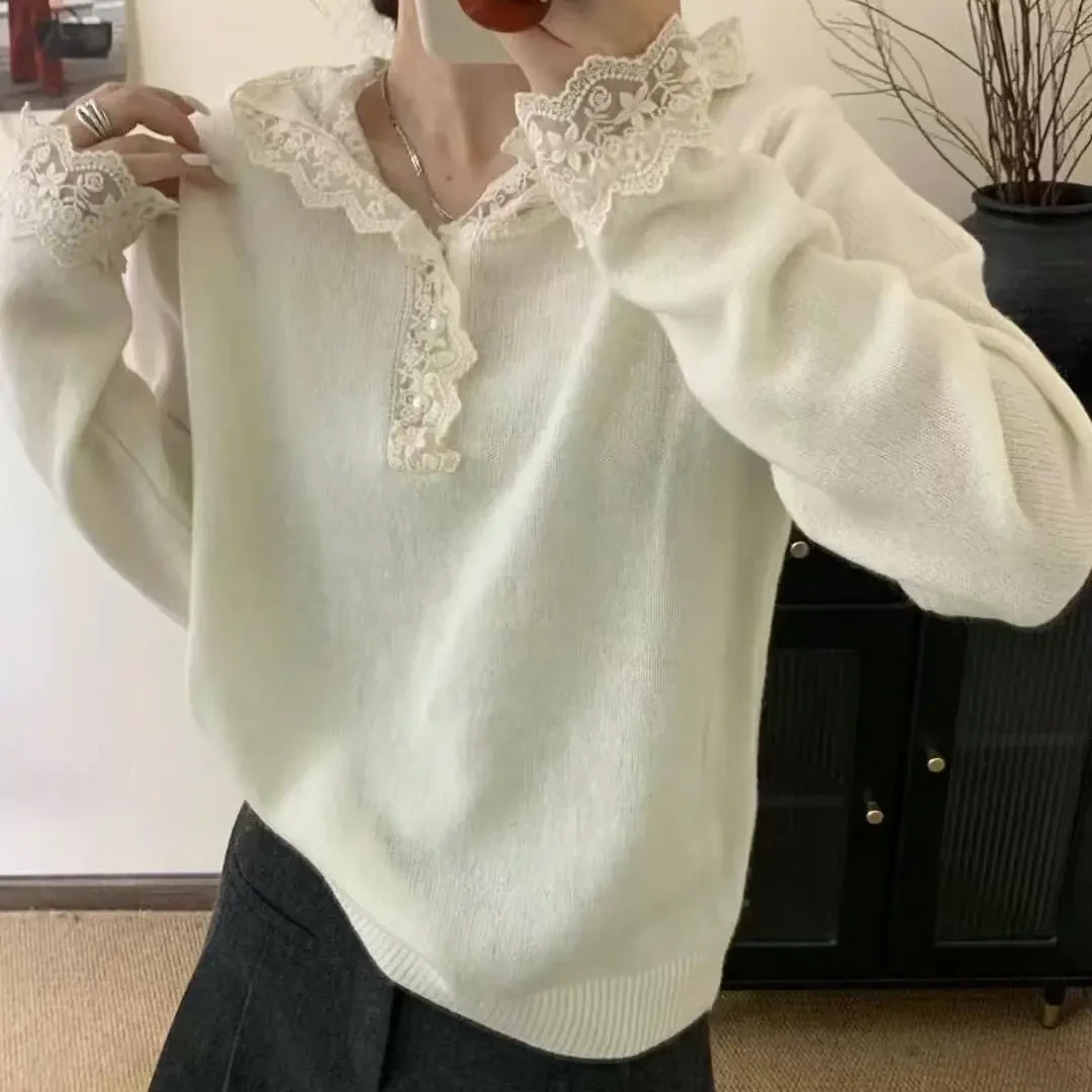 秋冬爆款设计感连帽蕾丝拼接半开领针织衫毛衣长袖打底衫内搭百搭