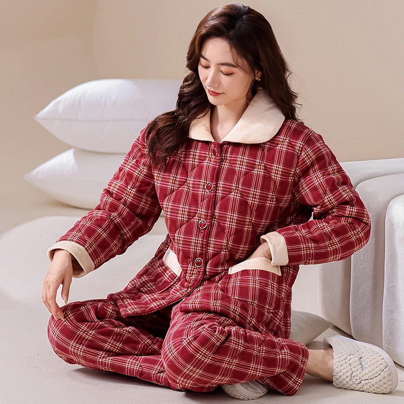 睡衣女士冬季加厚纯棉长袖家居服秋冬款冬天保暖三层夹棉套装