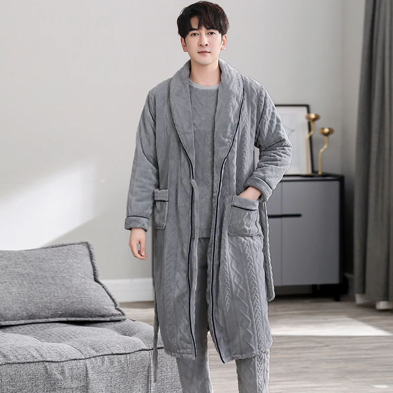 珊瑚绒男士睡衣2023新款秋冬款加绒加厚三件套睡袍浴袍家居服奢华