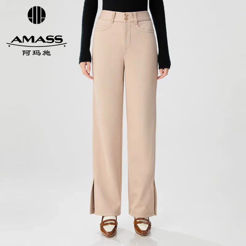 【官方正品】阿玛施时尚 双扣高腰直筒加绒开叉小黑裤长裤5100417