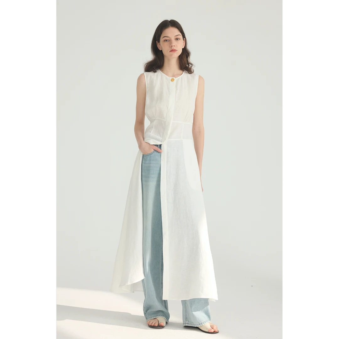 MAISON CECILE三色/亚麻无袖金扣口袋连衣裙