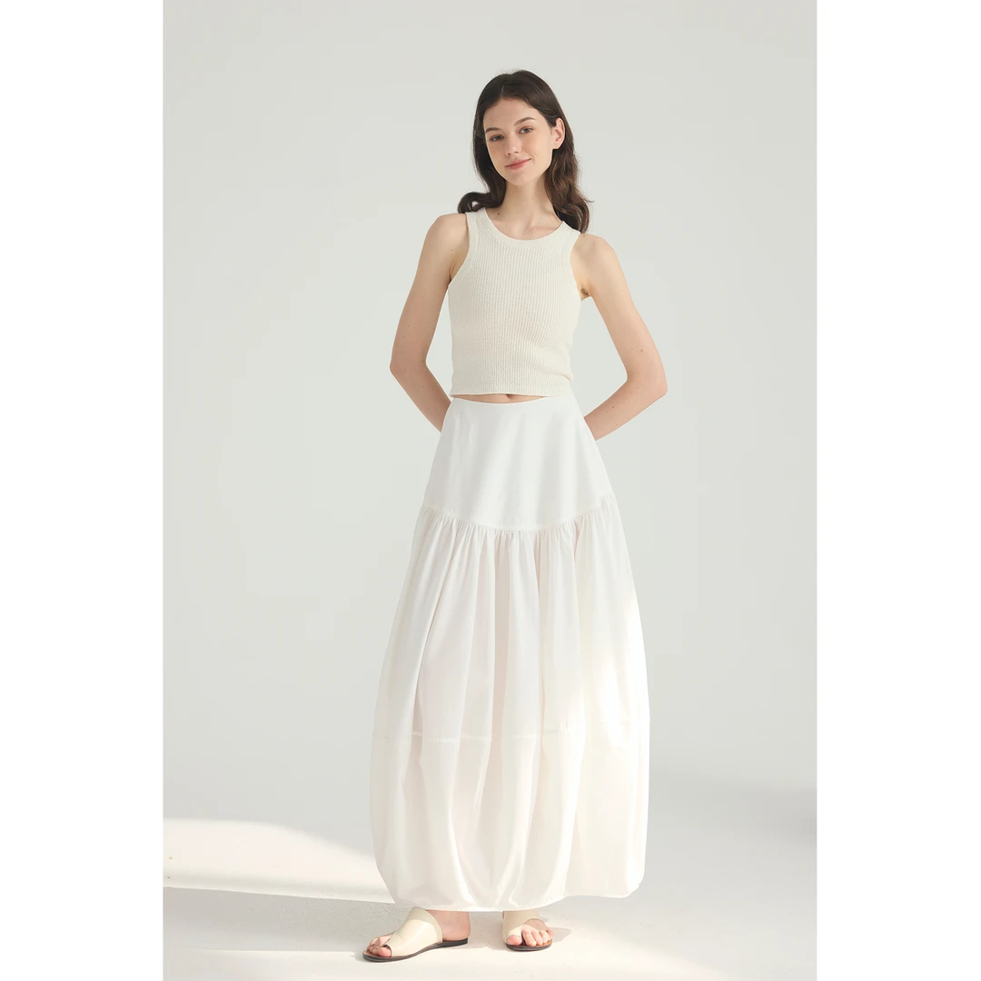 MAISON CECILE黑/白天丝棉分割线花苞半身裙