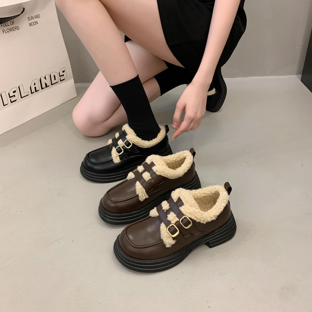 优雅甜美2023冬季新款玛丽珍鞋百搭软底加绒通勤英伦风小皮鞋复古
