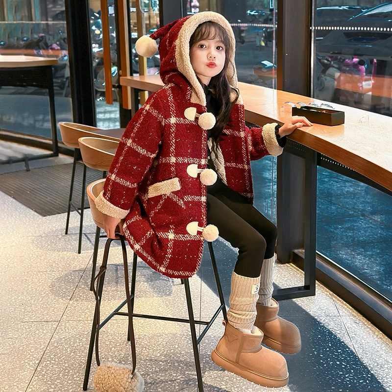 女童冬装夹棉加厚外套2024新款儿童红色年服新年呢子大衣 24S308