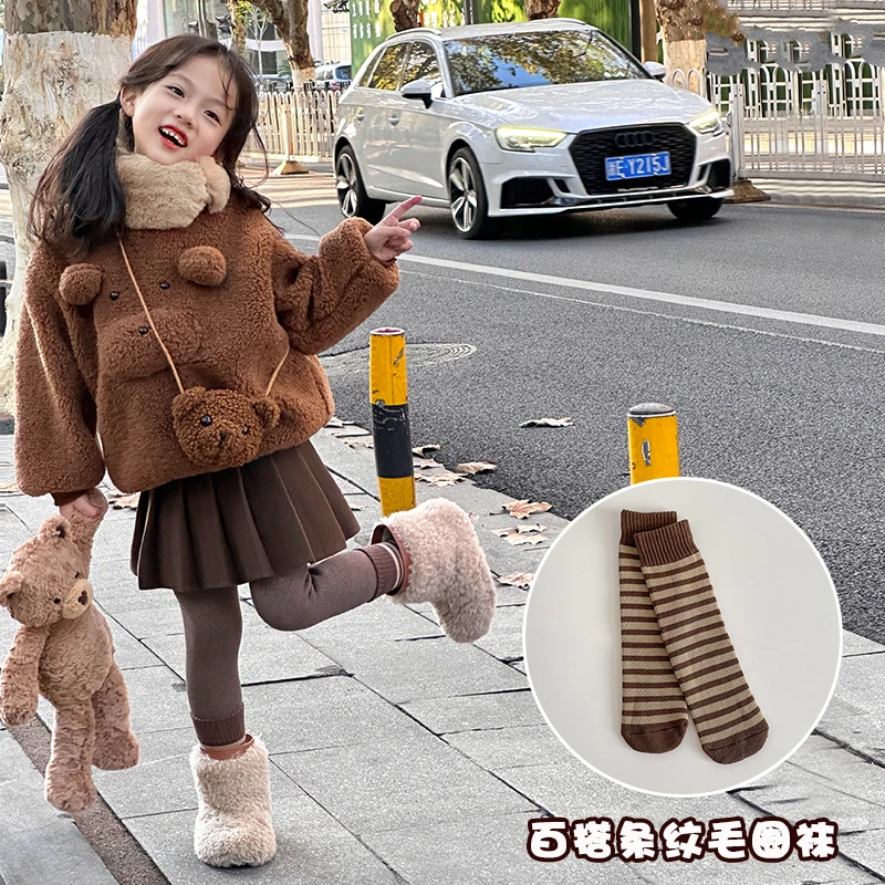 66公主原创设计 女童袜子秋冬加绒加厚保暖毛圈袜条纹直筒袜 W081