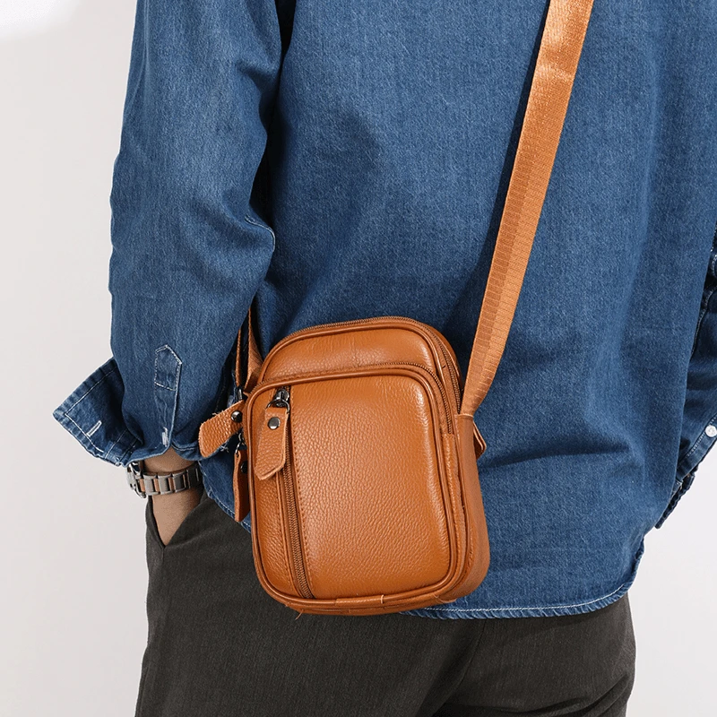男士简约时尚真皮复古牛皮多层拉链斜挎包手机小包潮流便携挎包
