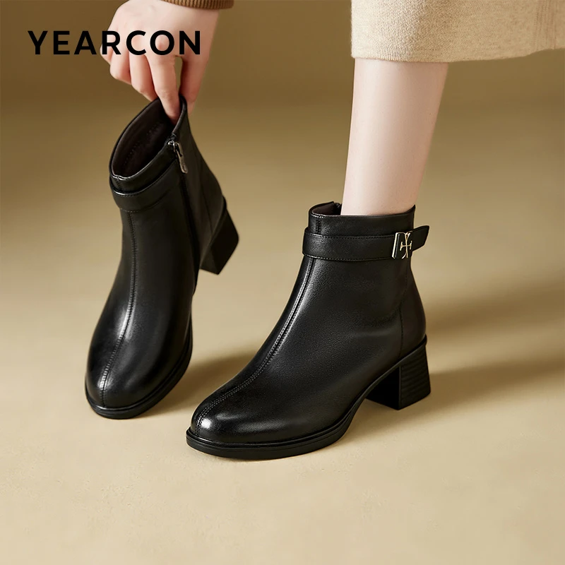 【意尔康】真皮女靴加绒加厚短靴2024秋冬新款时尚瘦瘦靴舒适妈妈鞋