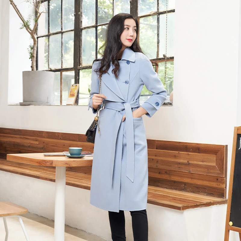 诗梦星云蓝羊毛双面呢时尚显瘦减龄中长款大衣
