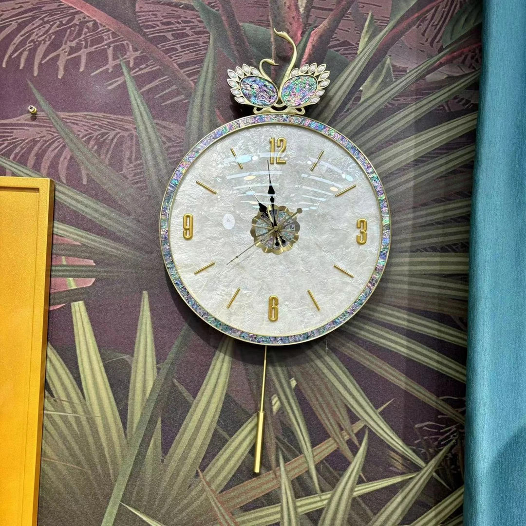 YH-天然澳鲍贝壳钟表挂钟 贝壳鲍鱼数字+横条-天鹅 挂钟8012