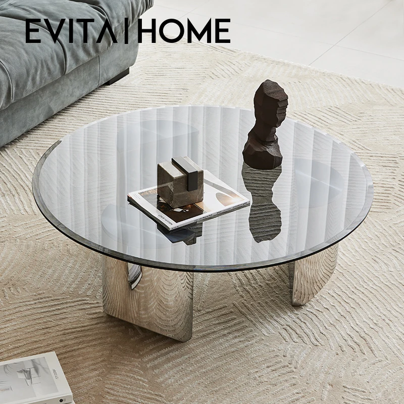 EVITA Home轻奢都市极简圆形茶几小户型茶桌现代工业风玻璃茶台