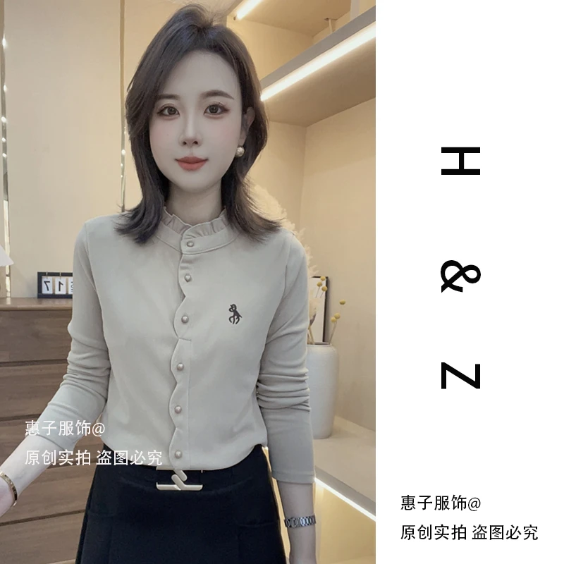 【惠子热卖】秋冬新款气质百搭女士设计感纯色长袖显瘦打底衫修身