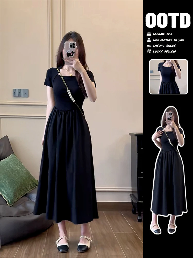 赫本风黑色方领小个子连衣裙女2025夏季修身收腰遮肉显瘦高级感