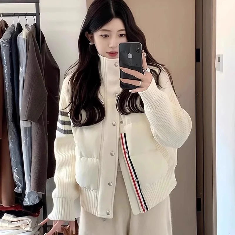 韩系小个子短款羽绒服女假两件冬季2025新款针织设计感小众外套