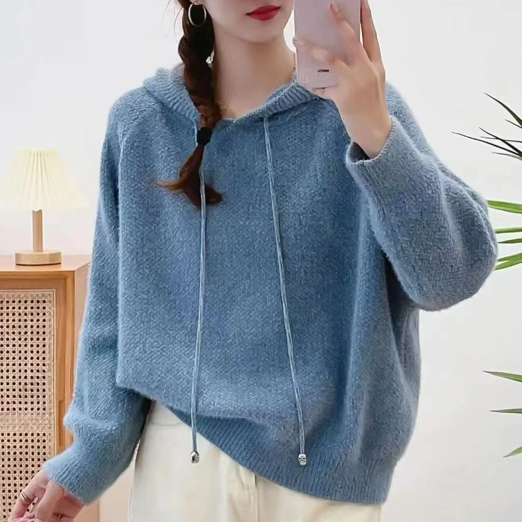 2024新款毛衣针织衫网红时尚休闲连帽宽松带帽秋冬套头纯色050