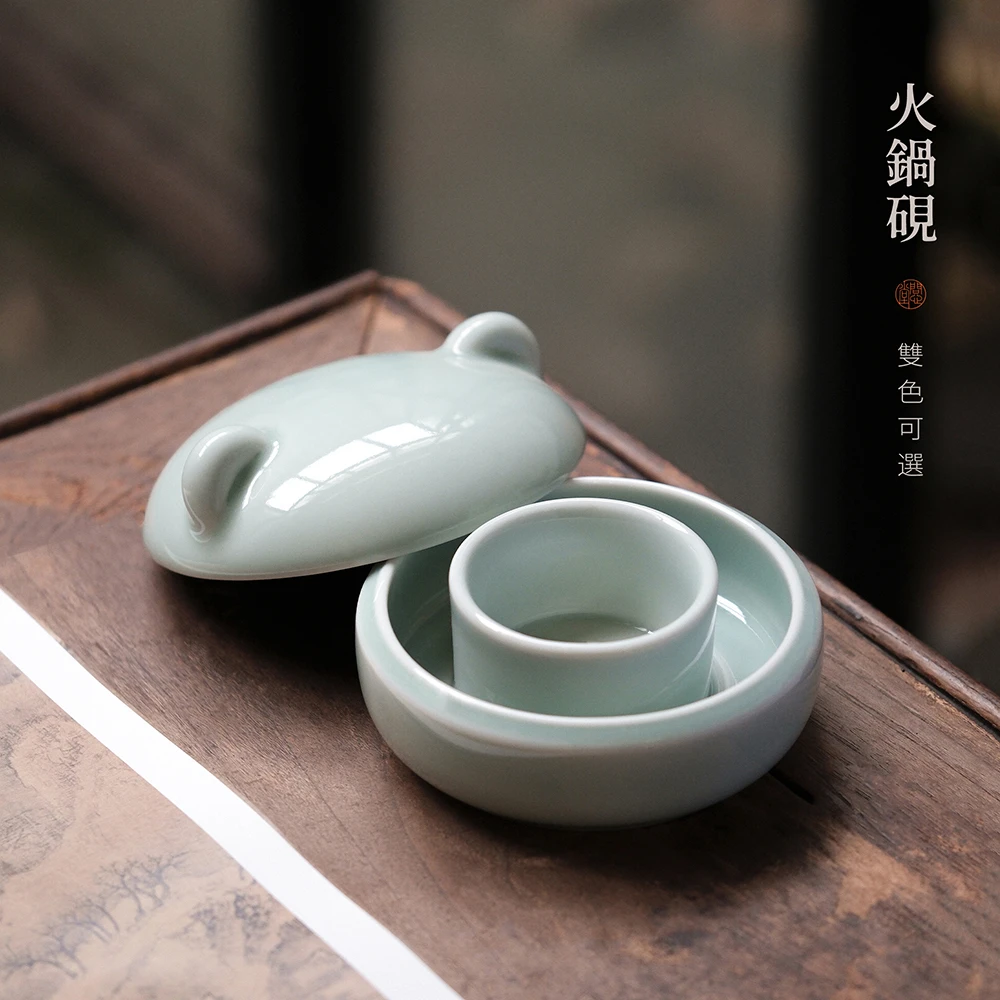 问心堂小熊火锅砚 陶瓷墨盒防干带盖双圈墨碟精美实用文房四宝
