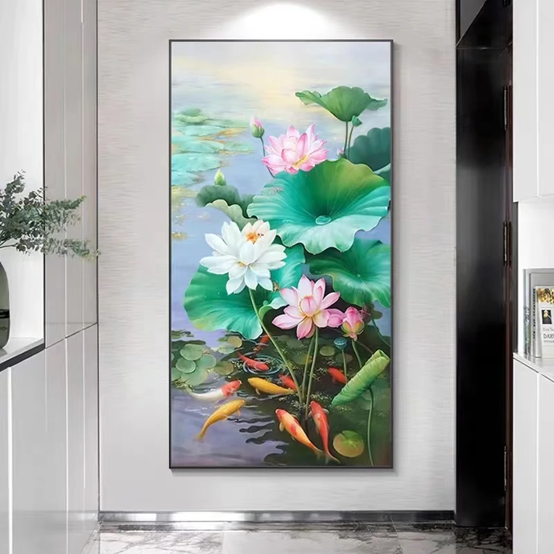 【荷气生财】手绘油画玄关挂画荷花挂画九鱼图新中式走廊过道大芬村