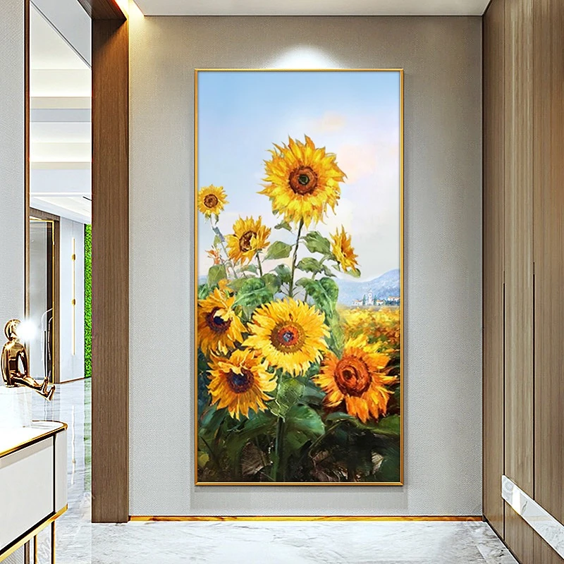 向日葵手绘油画现代简约玄关过道装饰画简美客厅挂画大芬油画村