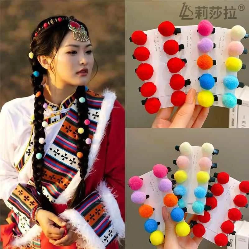 民族风编发头饰简约毛球发夹草原异域风情彩色小夹子旅行拍照饰品