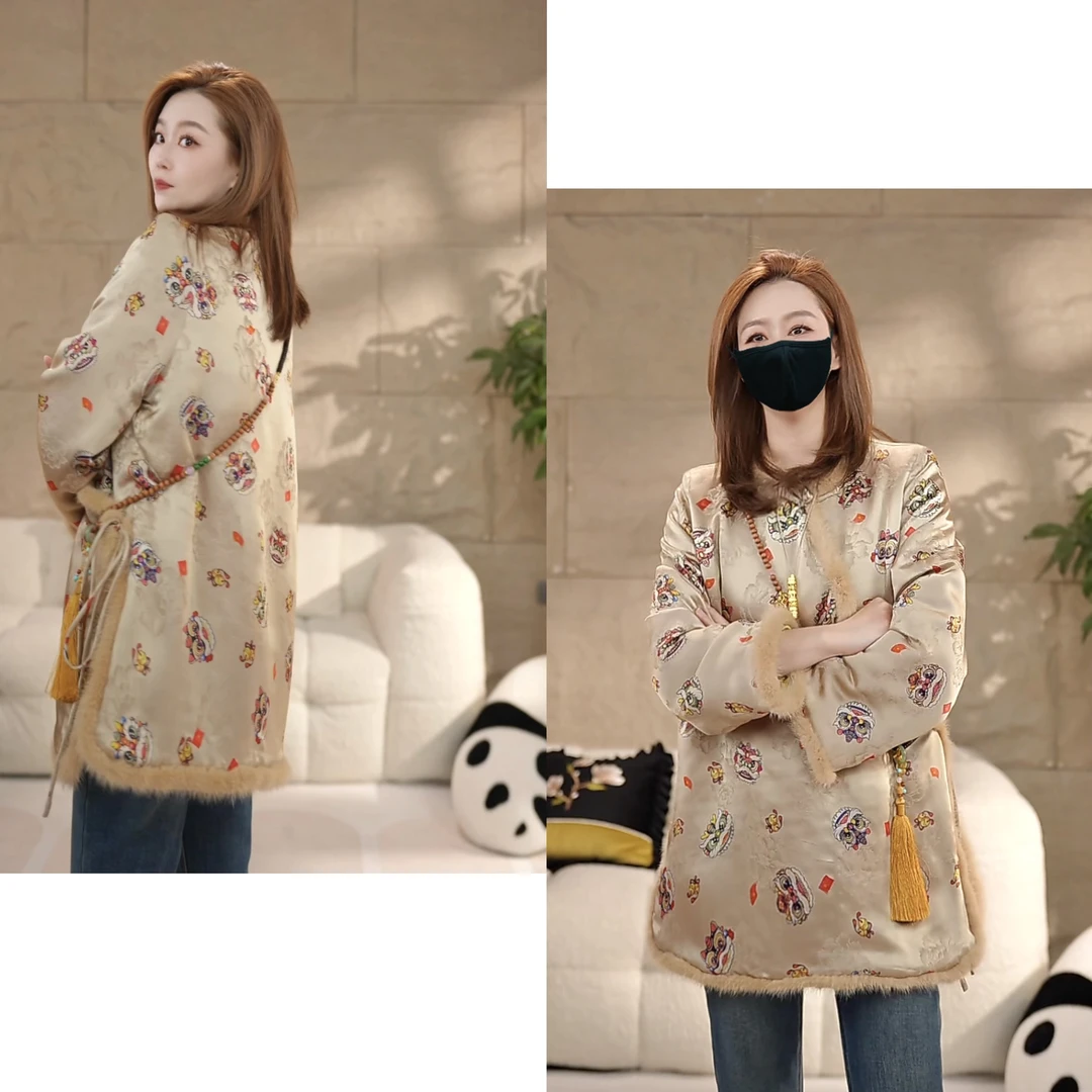 Miss.Z【水貂醒狮】中式侧门襟拼接水貂毛夹棉外套#w1982