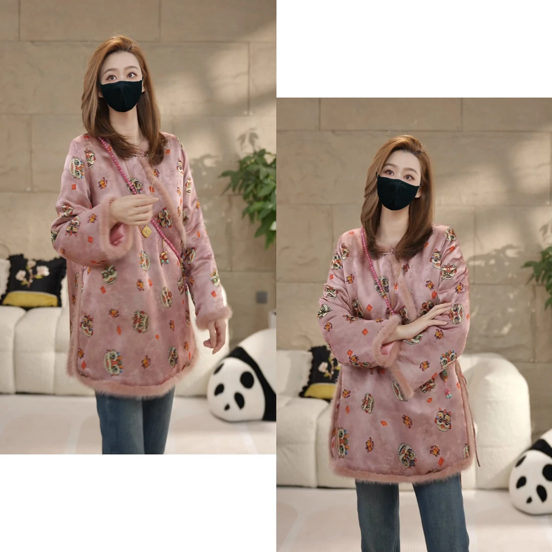 Miss.Z【水貂粉醒狮】中式侧门襟拼接水貂毛夹棉外套#w1986