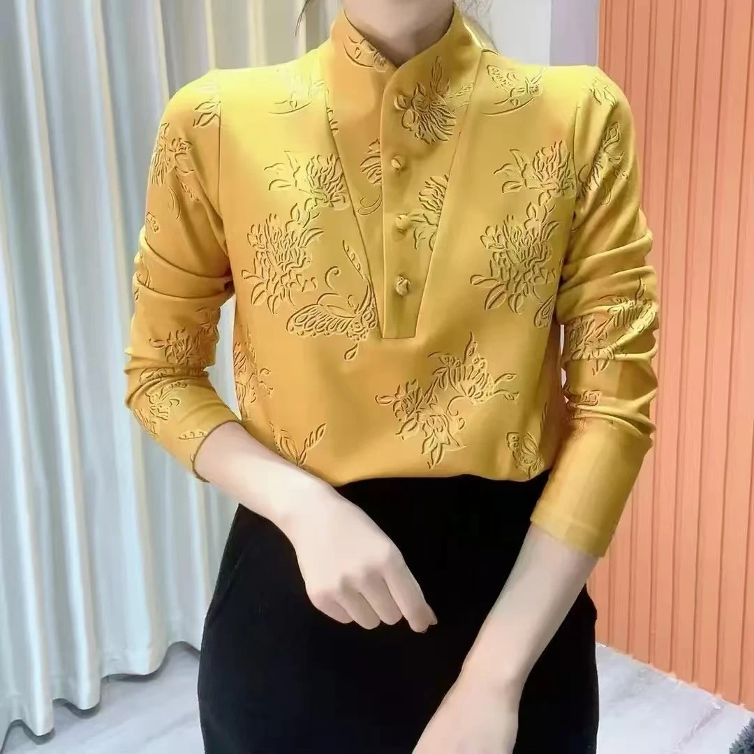 2024冬季新款立领印花气质百搭时尚长袖遮肉打底上衣