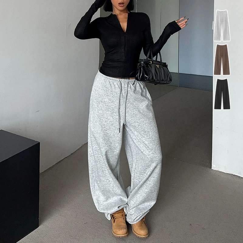 【清仓】花灰色美式复古运动裤女休闲宽松高腰大裤腿重磅480g复合秋