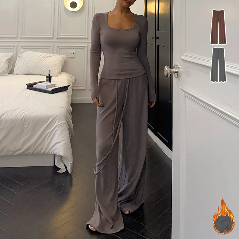 【清仓】单面澳绒休闲裤女居家外穿自亲肤软糯高腰直筒阔腿深灰长裤