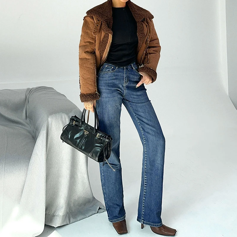 水洗牛仔裤女加绒深蓝色高腰直筒百搭潮流街头2025年春季新款洋气