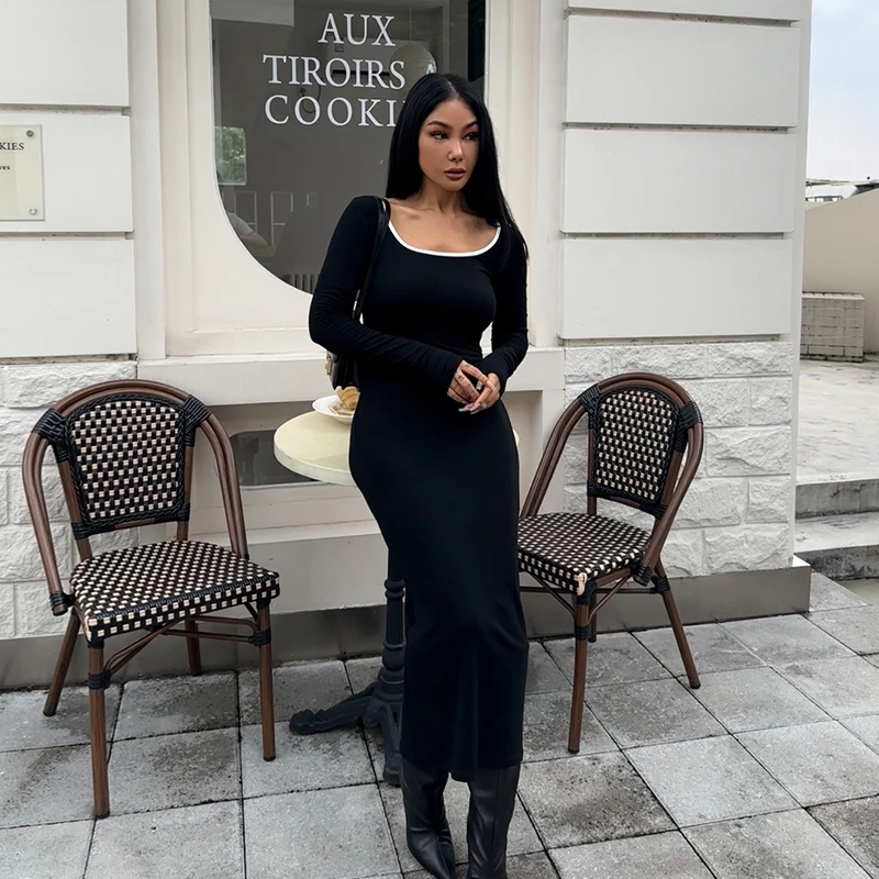 【清仓】黑色长裙方领白边撞色秋季新款气质性感紧身高弹力连衣裙