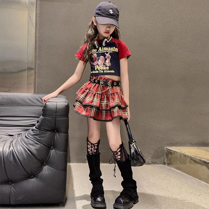 女大童复古短袖格子裙蛋糕裙2025夏季小众少女套装显瘦半身短裙潮