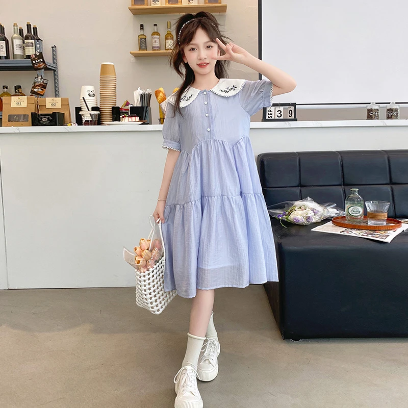 女童连衣裙2025新款夏季娃娃领中大童裙子女孩中长款甜美公主裙潮