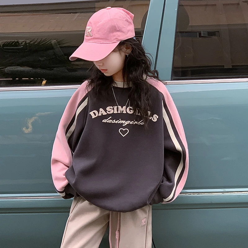 女童卫衣春秋款2024新款儿童中大童套头织带拼色字母秋装打底衫潮