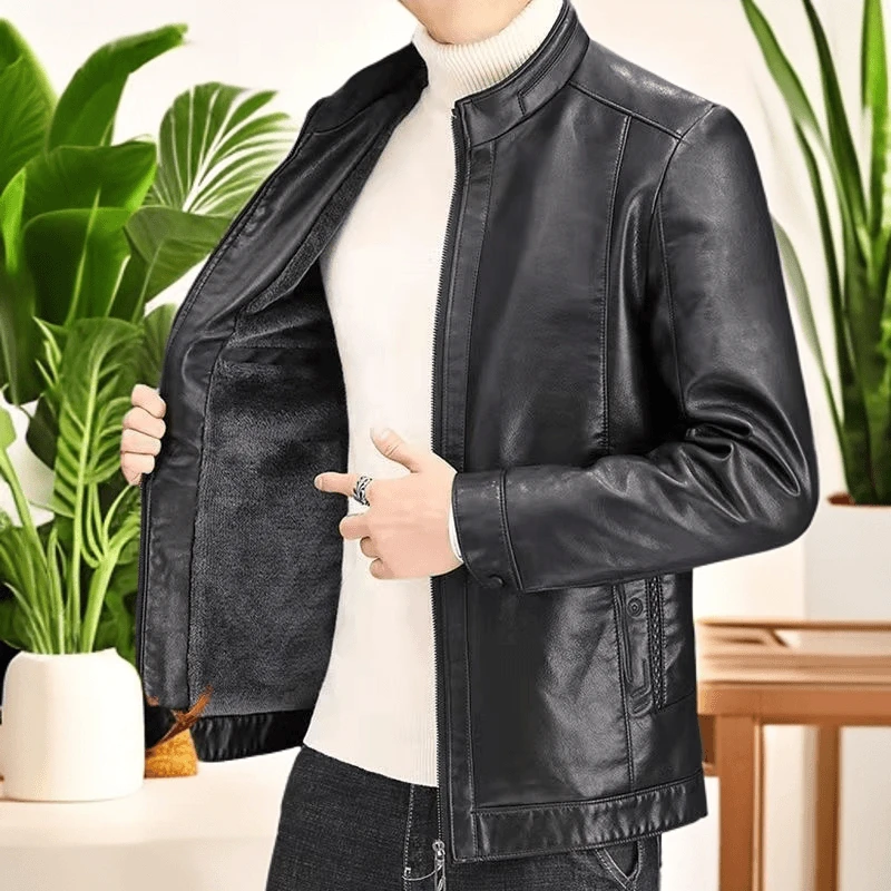 皮衣男士外套中老年冬季加绒加厚皮夹克防寒保暖立领爆款爸爸冬装