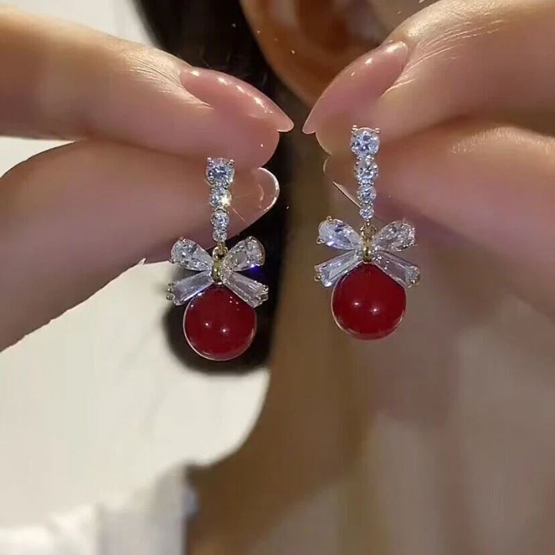 铜合金合成锆石耳饰 新款蝴蝶结气质时尚轻奢百搭红色珠珠耳饰