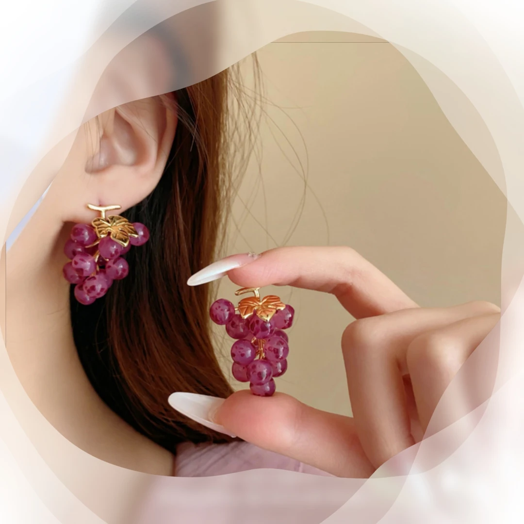 铜合金耳饰  53岸芷町蓝】复古紫色葡萄耳环耳饰轻奢温柔风耳夹