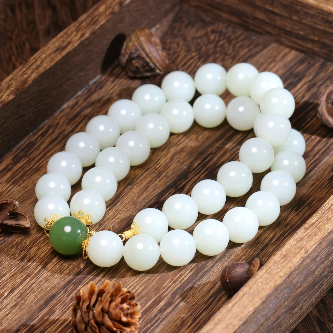 【泓贝珠宝-I705】18K金配饰和田玉老料白玉设计款妈妈链项链