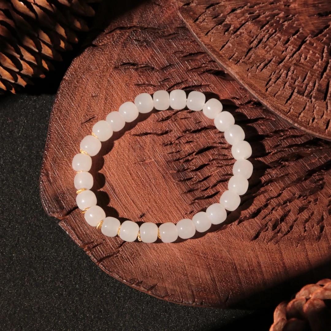 【泓贝珠宝-L265】18k金配饰和田玉冰坑老料老型珠设计款手串