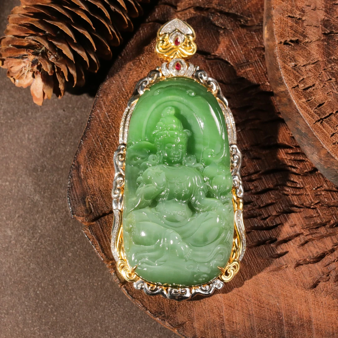 【泓贝珠宝-L377】18k金镶嵌和田玉碧玉猫眼御龙观音挂件
