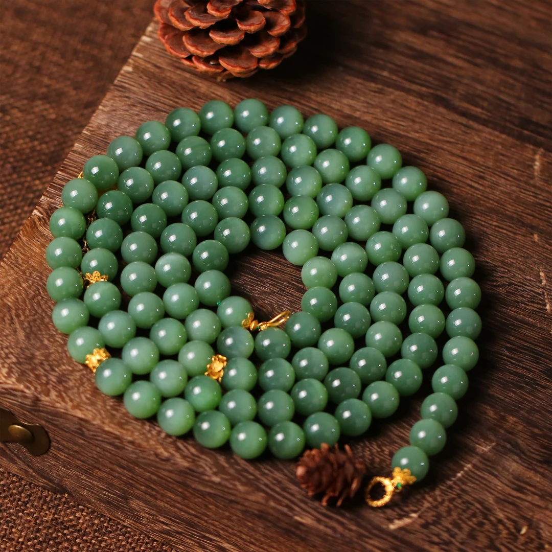 【泓贝珠宝-L654】18k金配饰和田玉碧玉冰闪猫眼108长链项链