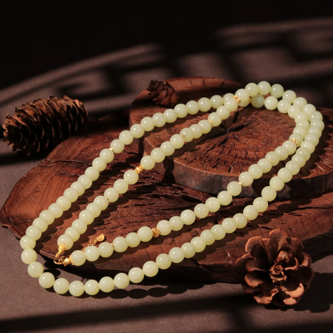 【泓贝珠宝-L231】18k金配饰和田玉黄口老料设计款108长链项链