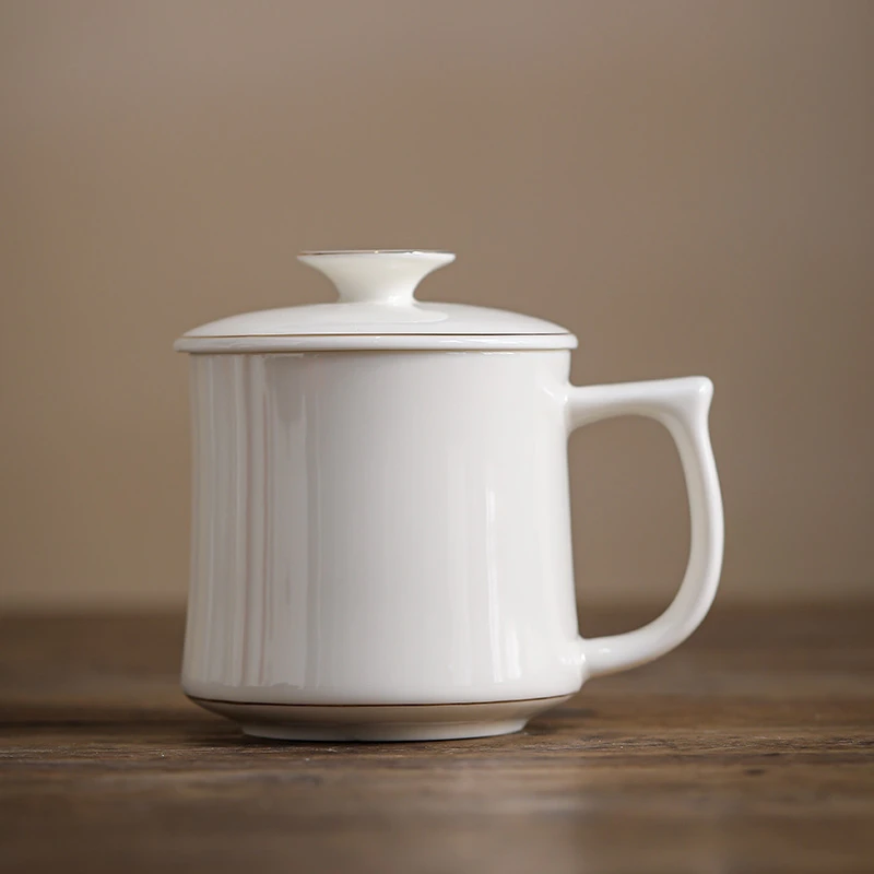 怀空德化纯白白瓷茶杯大容量办公杯带过滤个人杯陶瓷水杯会议杯