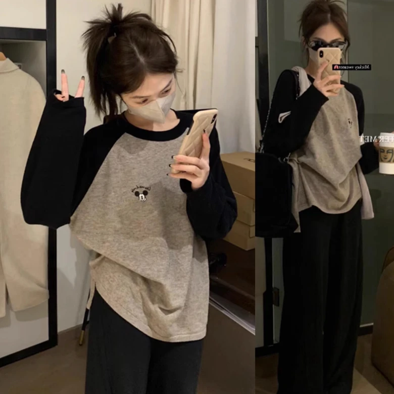 德绒保暖睡衣女秋冬季圆领长袖简约卡通黑灰米奇家居服可外穿套装