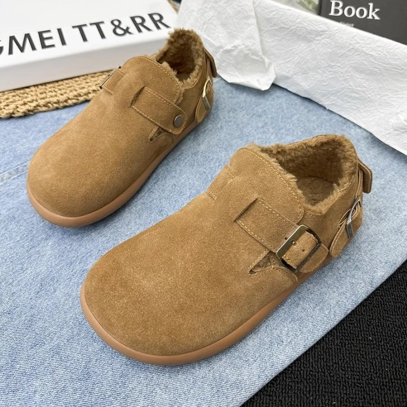 真皮勃肯鞋女加绒懒人鞋2024秋季新款磨砂皮大头丑萌鞋复古博肯鞋