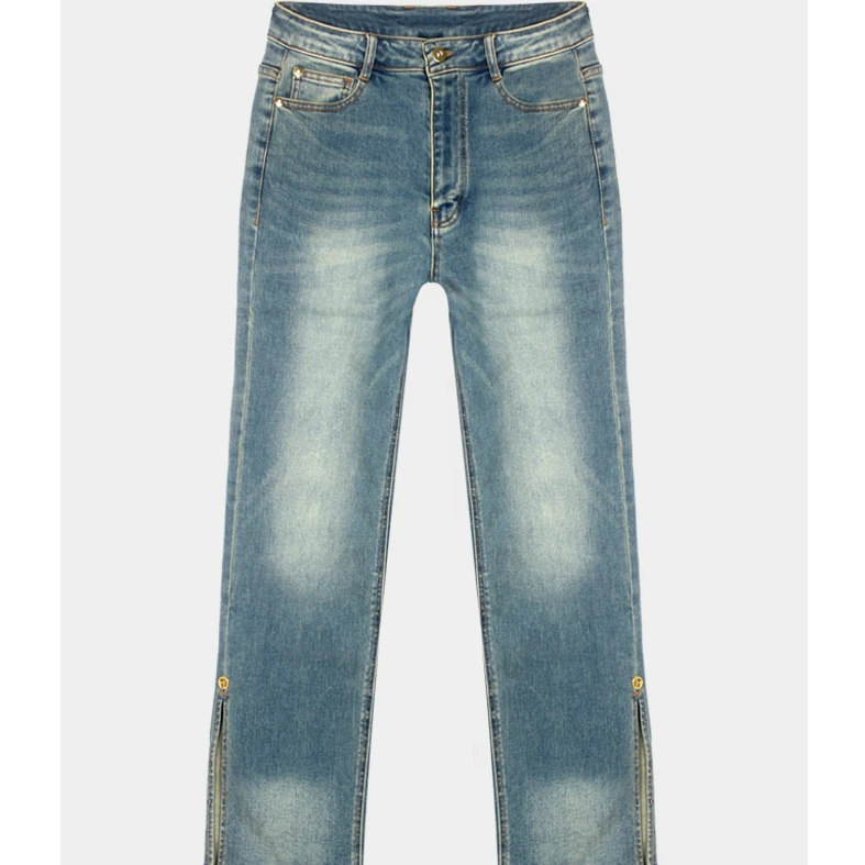 凯特丝蓓#584侧开叉牛仔裤复古蓝色直筒长裤中腰弹力女士1-1070