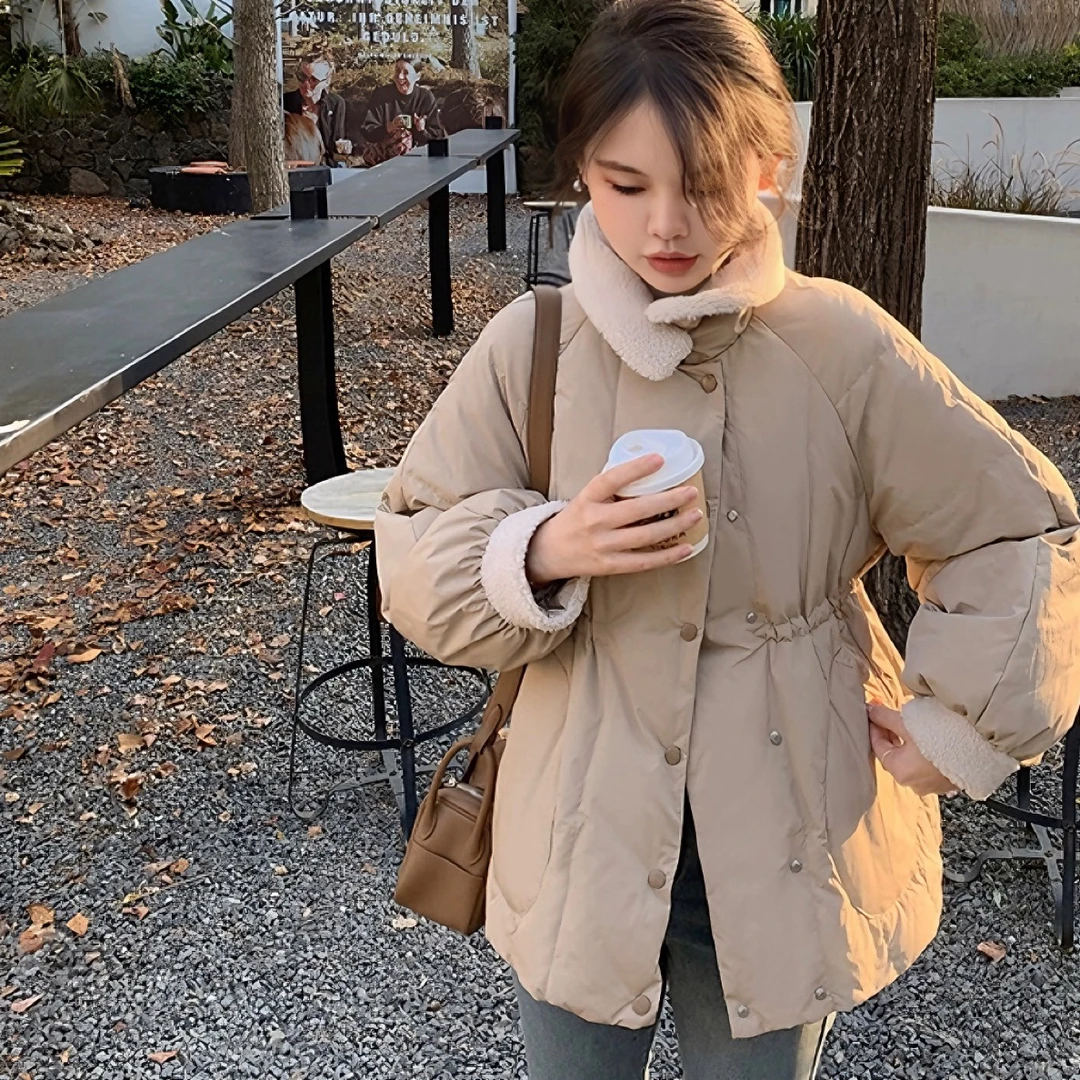 「微微瑕疵」新国标大朵白鸭绒羊羔毛拼接短款白鸭绒羽绒服外套