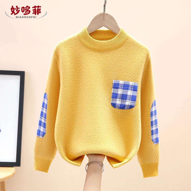 男童毛衣秋冬2023新款加厚一体绒儿童洋气中大童套头男孩针织圆领