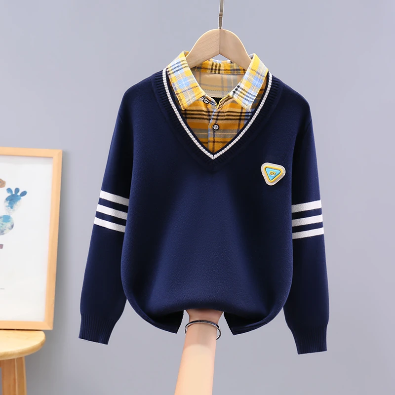 男童毛衣假两件冬季加绒2024新款儿童针织衫衬领男孩中大童秋冬装