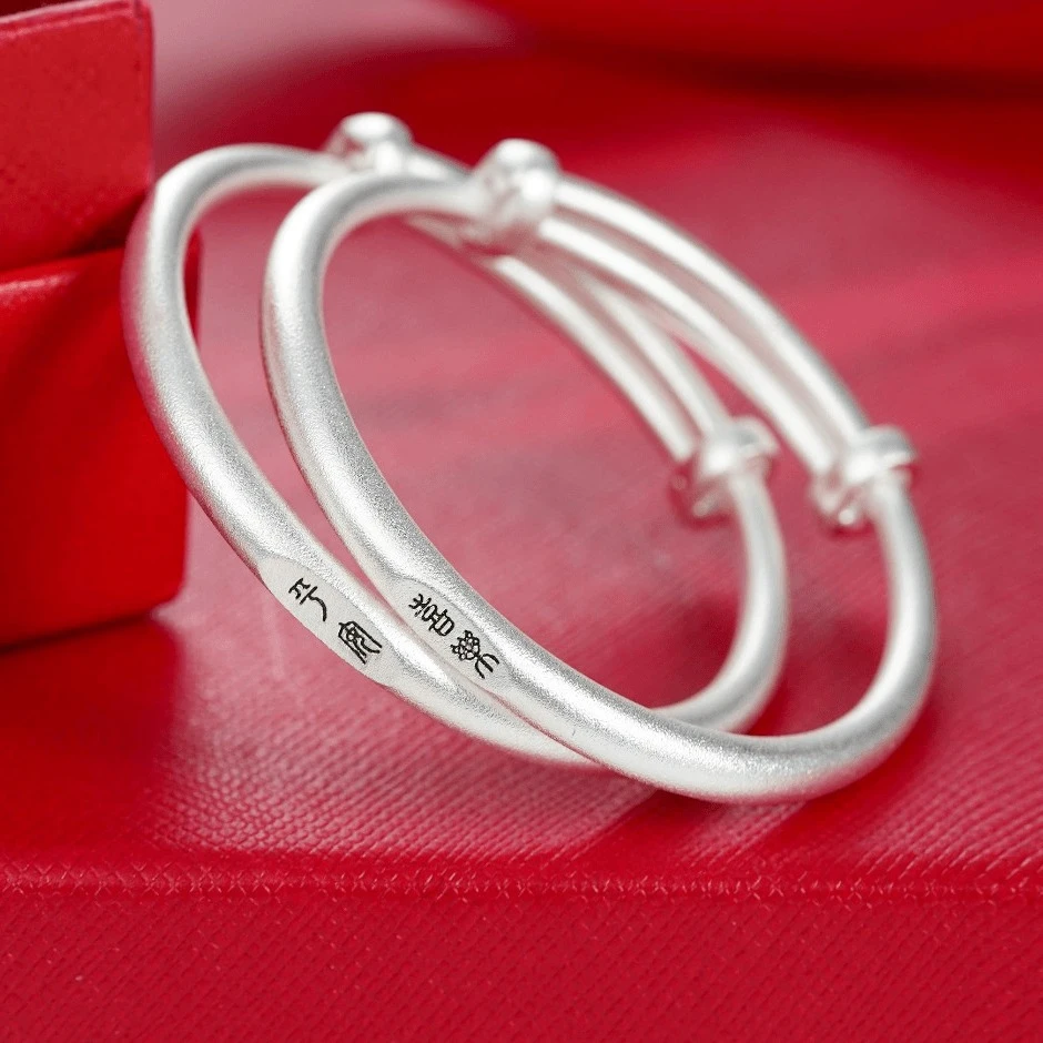 足银手镯 古法平安喜乐宝宝手镯纯银999婴儿小孩儿童满月周岁礼物