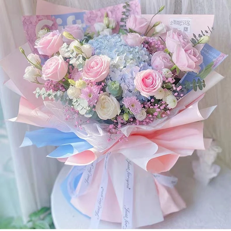 抖音全国真花密西根碎冰蓝混搭绣球玫瑰生日花束鲜花速递同城送店